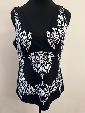 Cache Black & White Floral Wrap-Front Tank